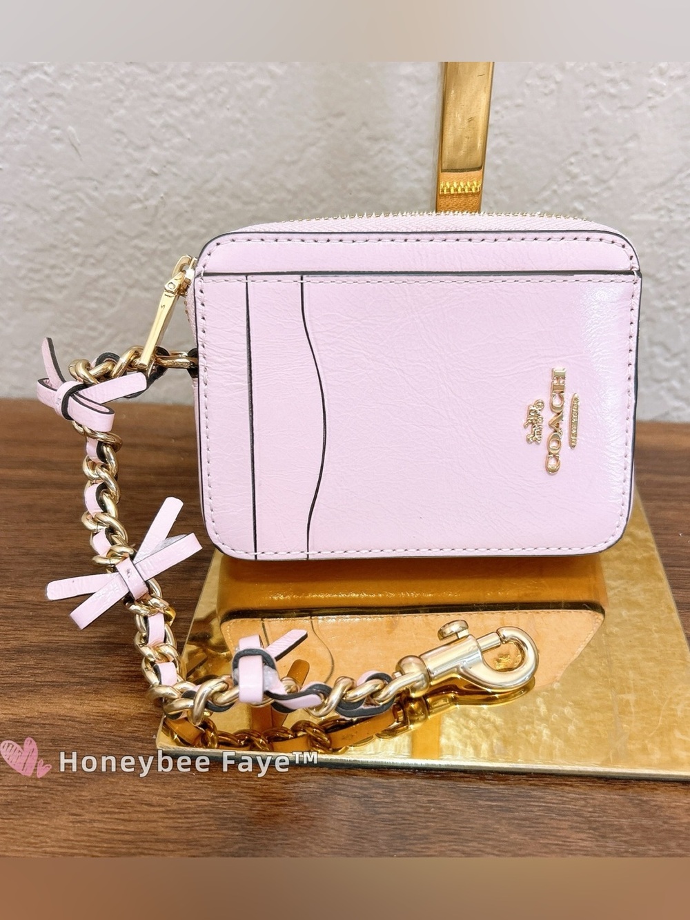 Coach Pastel Pink Leather Zip Card Case with Gold Chain Charm cec13